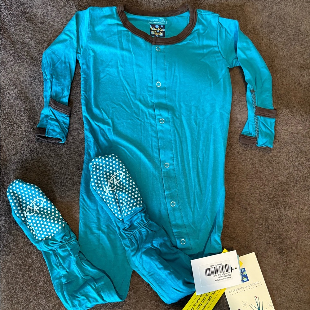 Kickee Pants Blue and Brown Footies with Built-in Grip NWT size 18-24 months